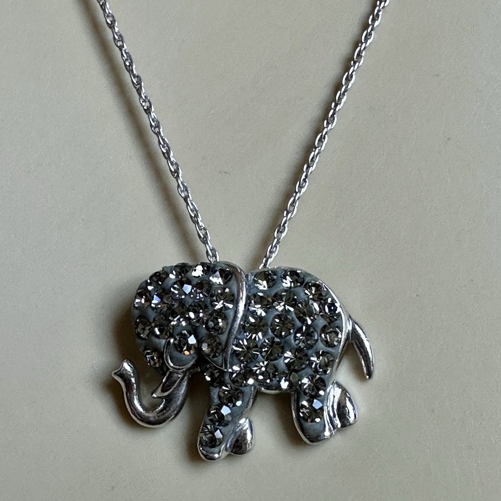 SAT Pendant Necklace Elephant Trunk Up 19 Inch Pave CZ Clay 925 Sterling 3.1g